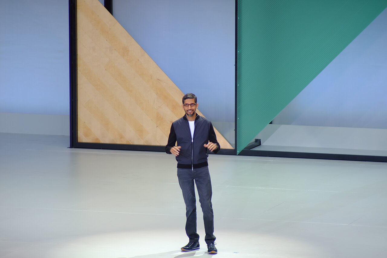Google chief executive Sundar Pichai on stage at the Google I/O developer keynote
