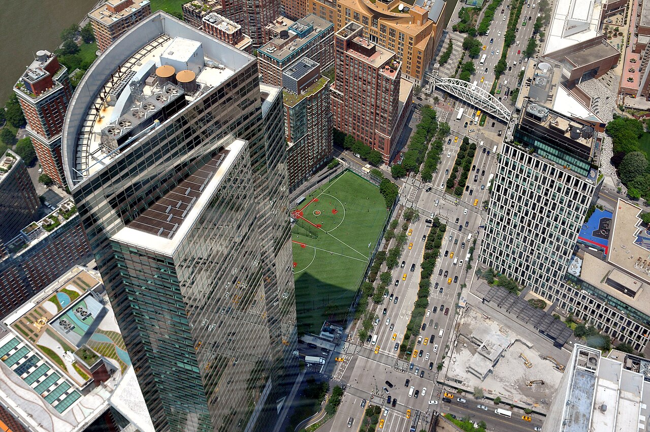 Aerial view of the Goldman Sachs Tower at 200 West Street in Lower Manhattan, seen from One World Observatory