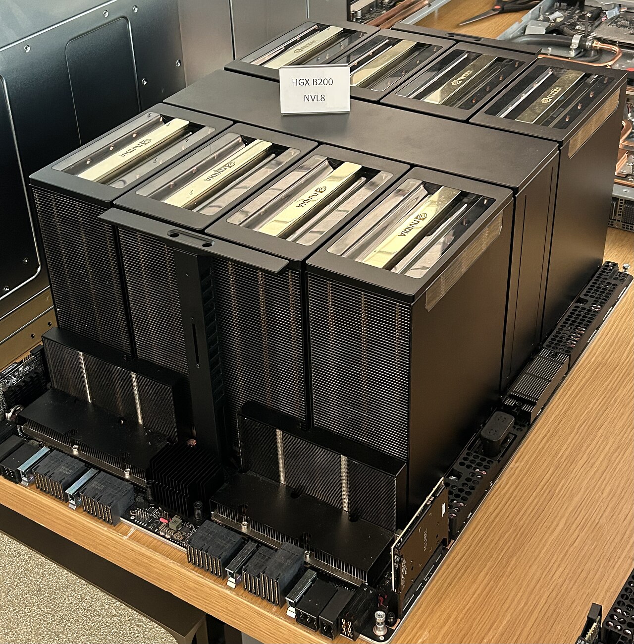 An NVIDIA HGX B200 NVL8 board carrying eight Blackwell GPU modules on a workbench