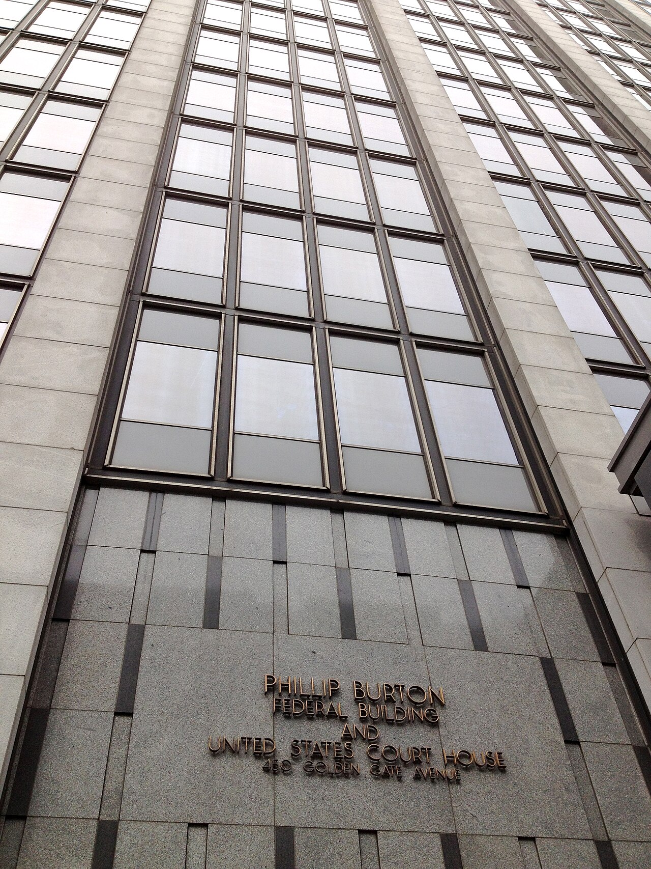 Engraved nameplate reading Phillip Burton Federal Building and United States Court House at 450 Golden Gate Avenue, San Francisco