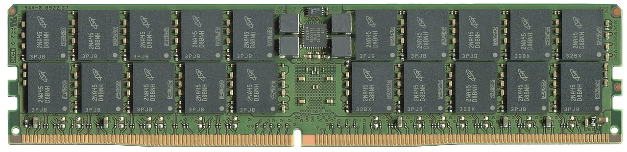 A full scan of a Micron 64GB DDR5 ECC RDIMM server memory module showing rows of Micron-branded DRAM packages
