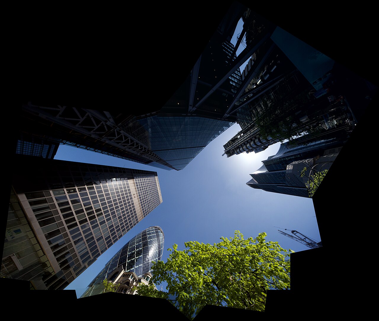 Skyscrapers of the City of London insurance district, including 30 St Mary Axe and Leadenhall, viewed from below