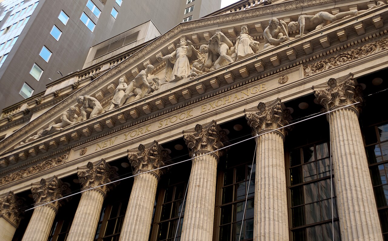 The neoclassical facade of the New York Stock Exchange building on Broad Street in Manhattan