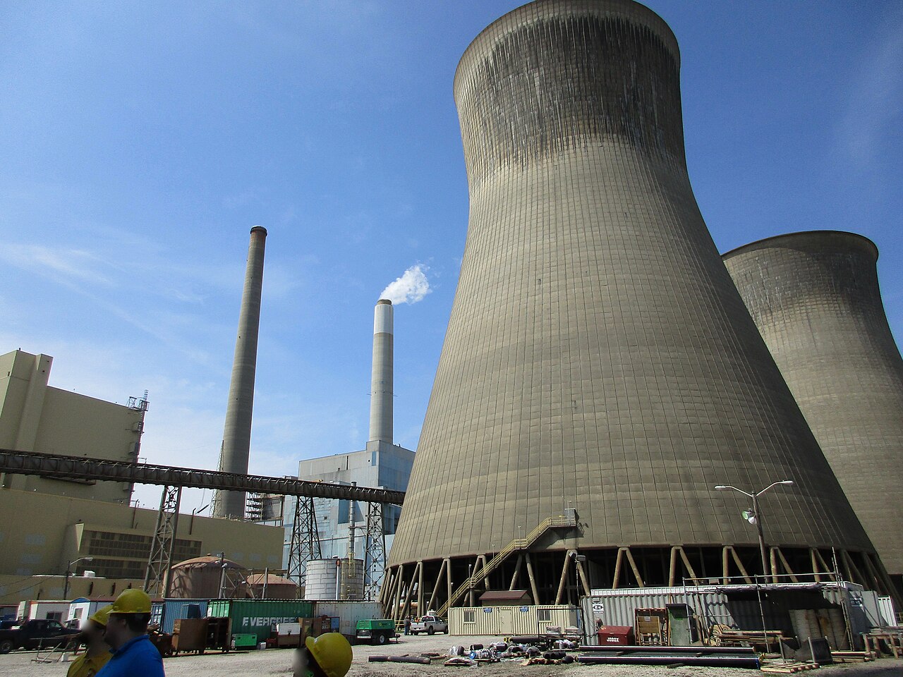 Cooling towers and smokestacks of the John E. Amos coal-fired power plant on the Kanawha River in West Virginia