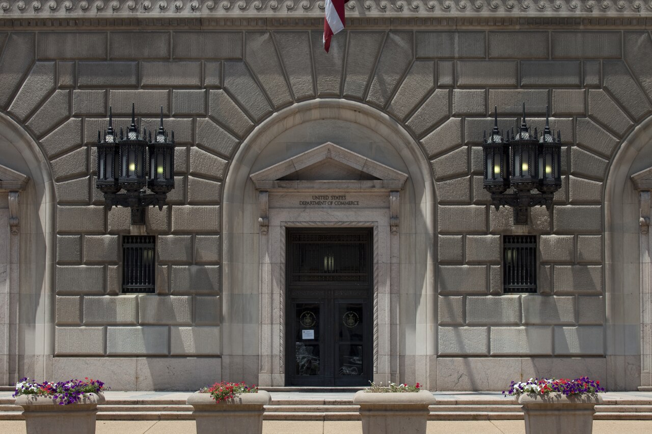 Entrance of the Herbert C. Hoover Building, headquarters of the U.S. Department of Commerce, in Washington, D.C.