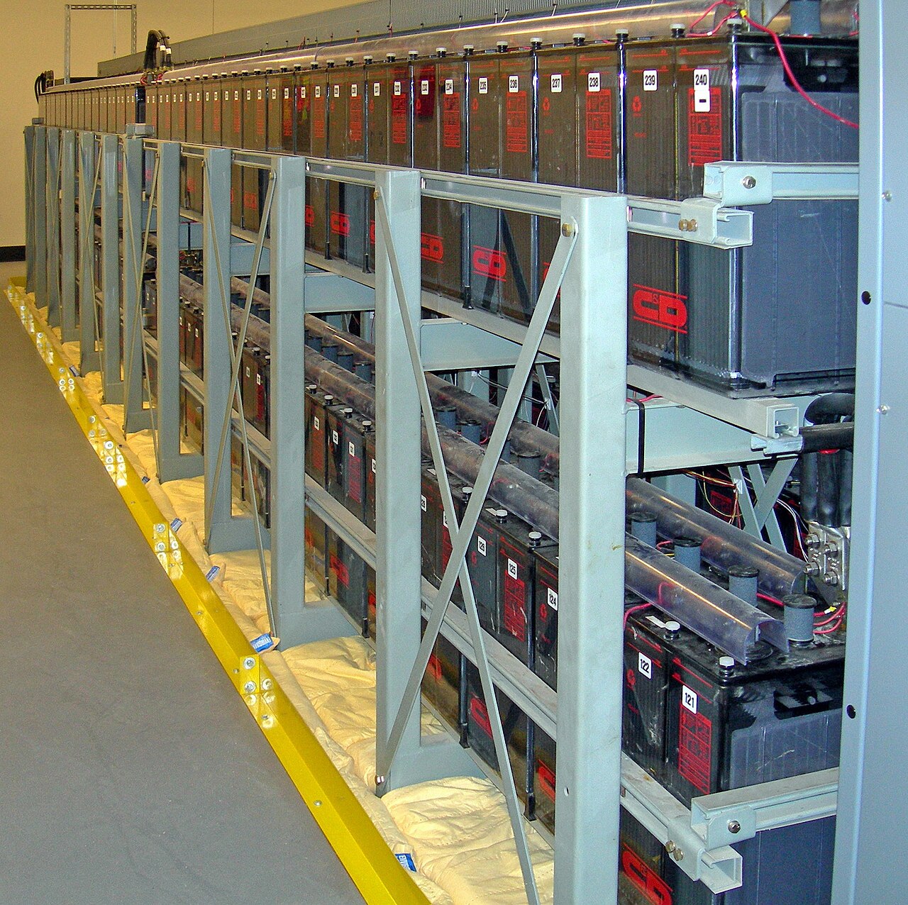 Rows of backup batteries on steel racks inside a large data center