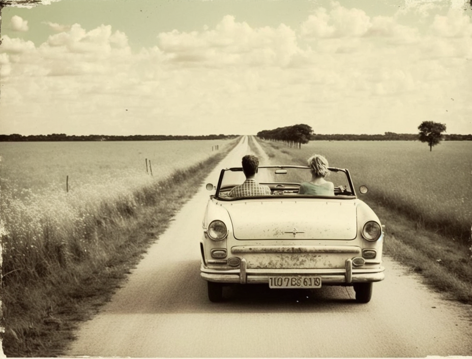 A Midjourney-generated image styled as a faded vintage photograph of two people driving a classic convertible down a country road