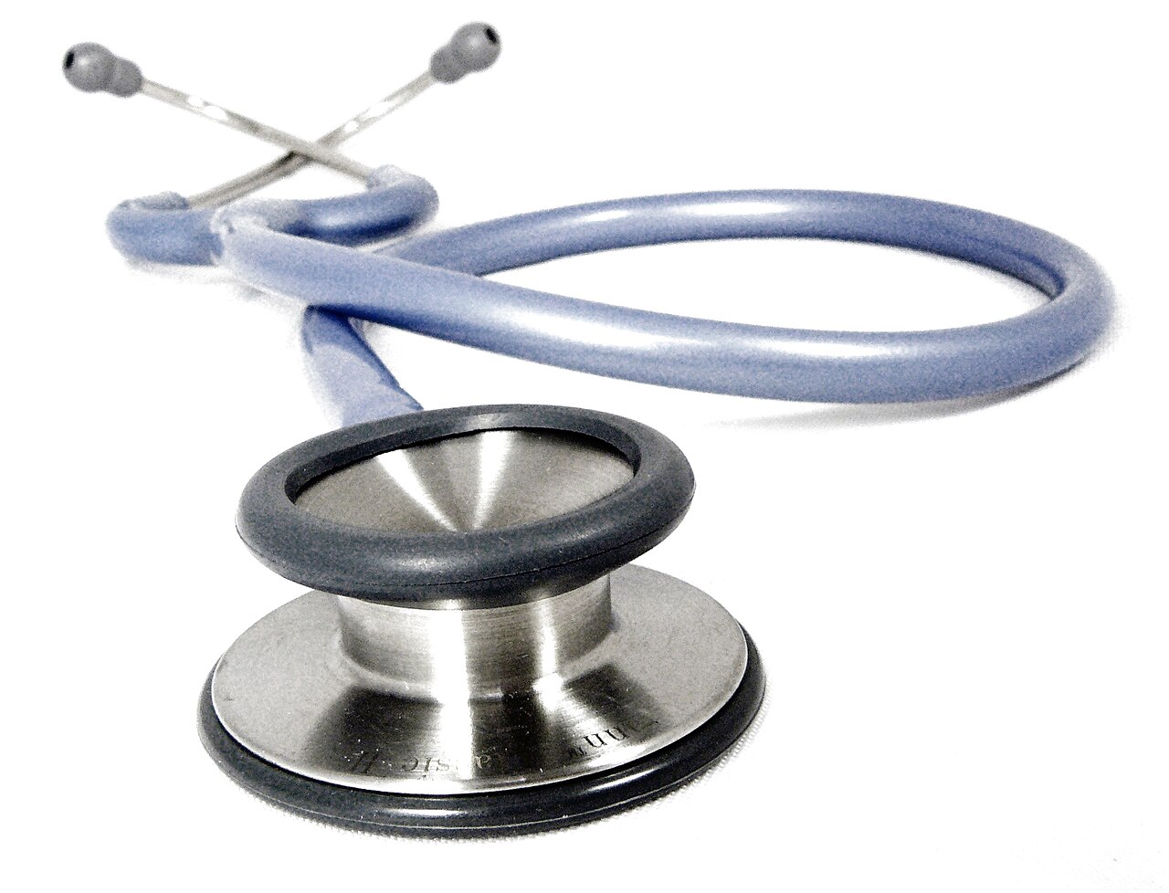 A stethoscope photographed against a white background
