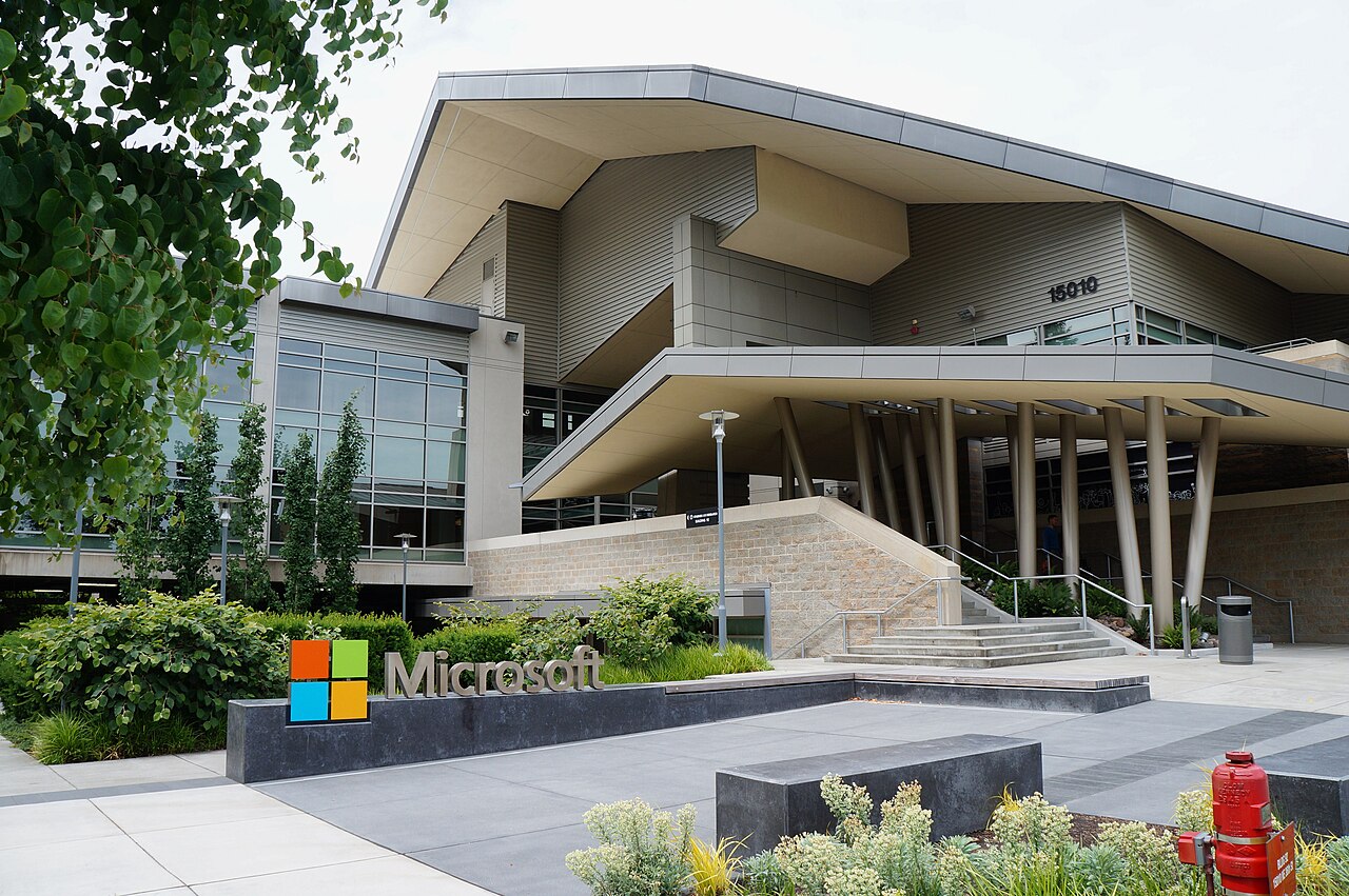 The Microsoft sign outside Building 92 on the company's Redmond campus in Washington