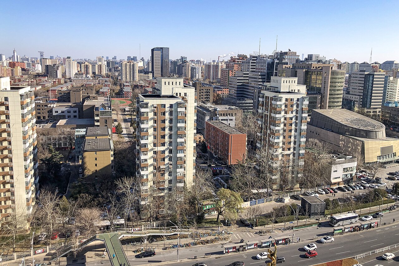 Elevated view of apartment and office blocks in Haidian Huangzhuang, Beijing, on a clear winter day