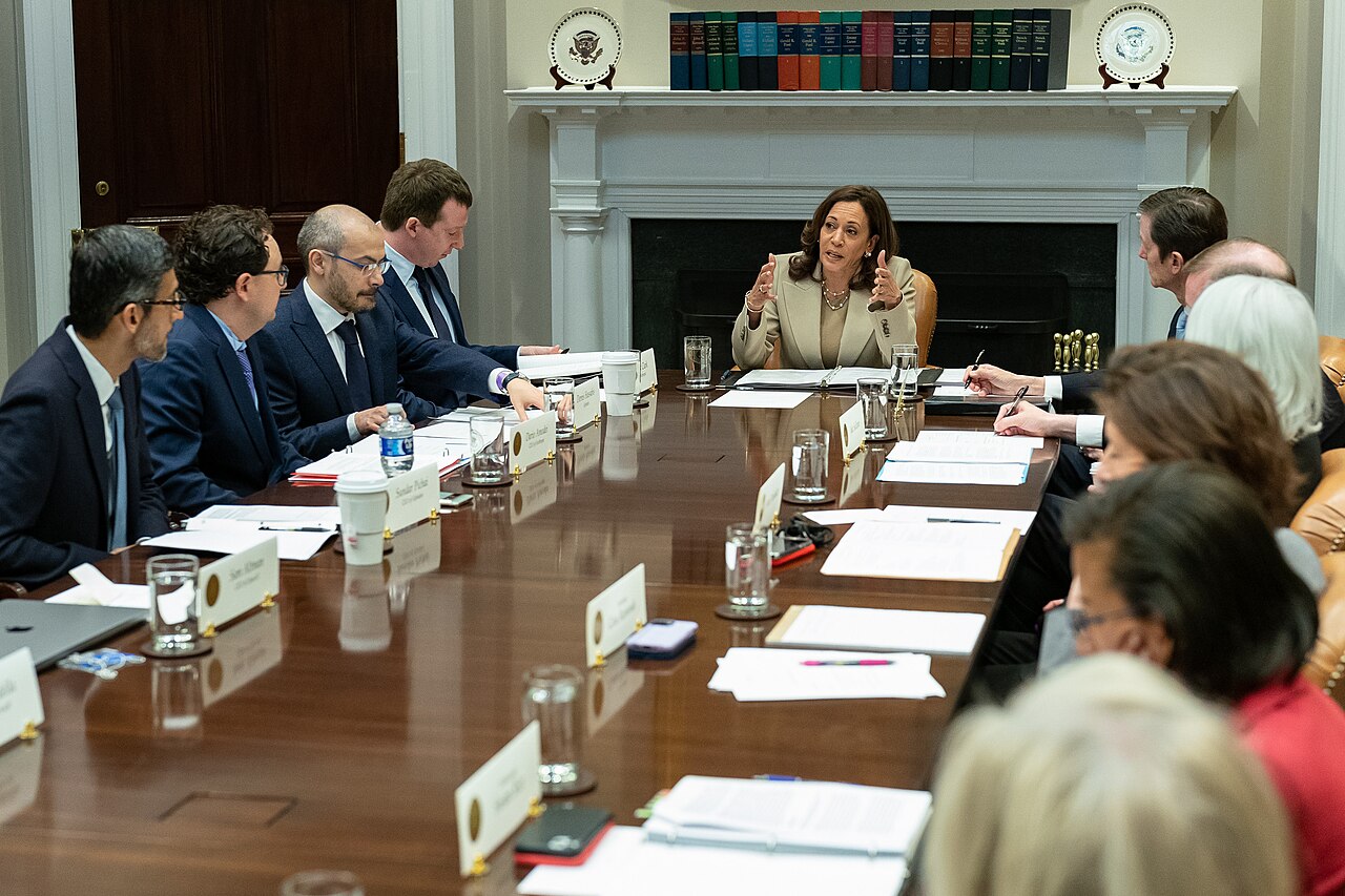 AI company chief executives seated around a conference table with Vice President Kamala Harris in the Roosevelt Room of the White House