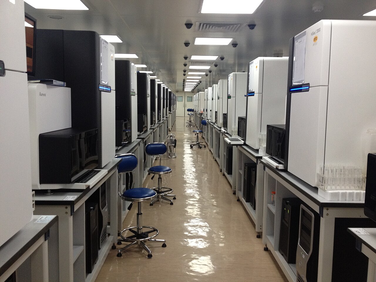 A room of DNA sequencing machines in a genomics laboratory
