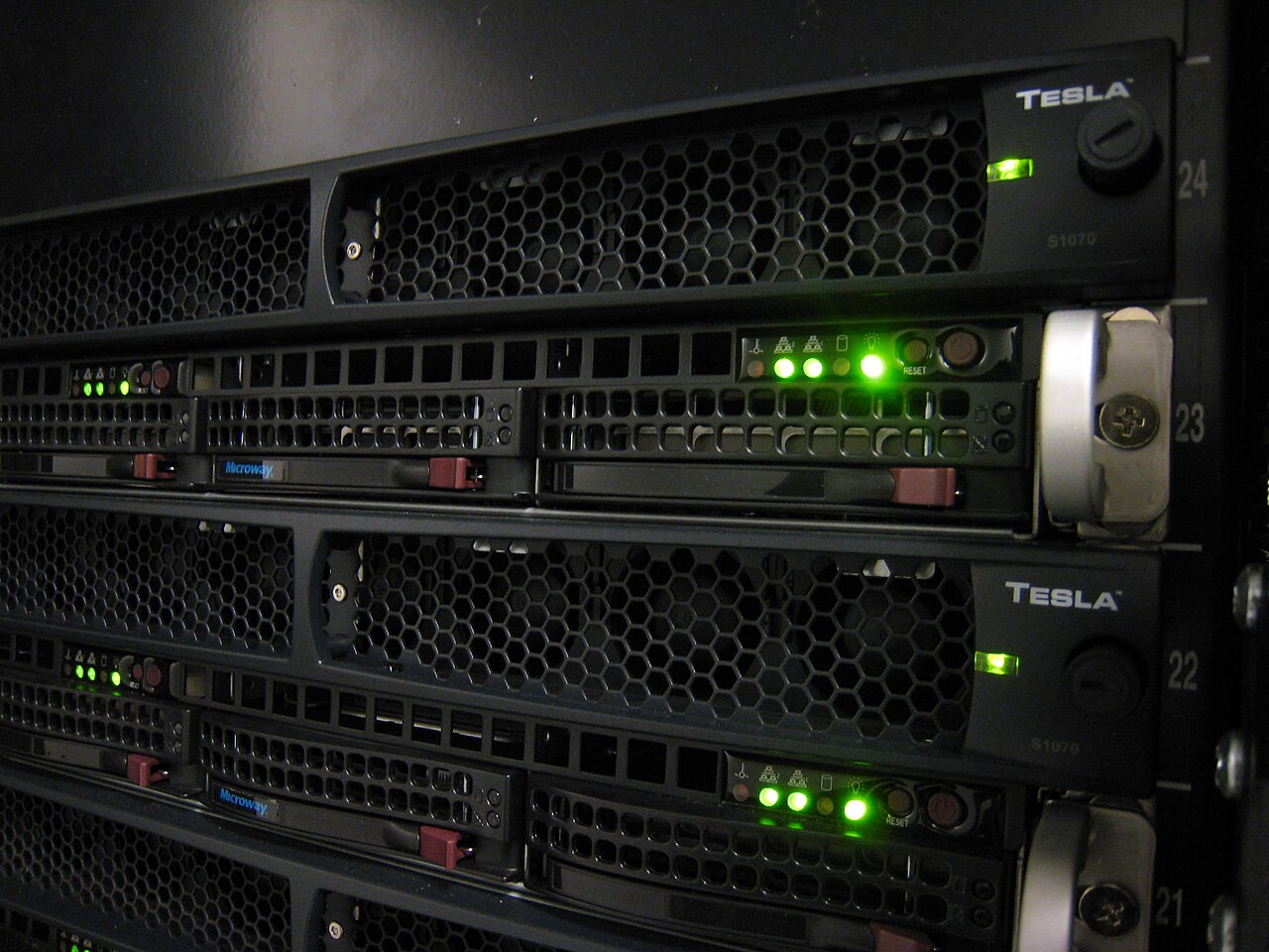 Close-up of a rack-mounted NVIDIA Tesla GPU compute cluster used for accelerated computing
