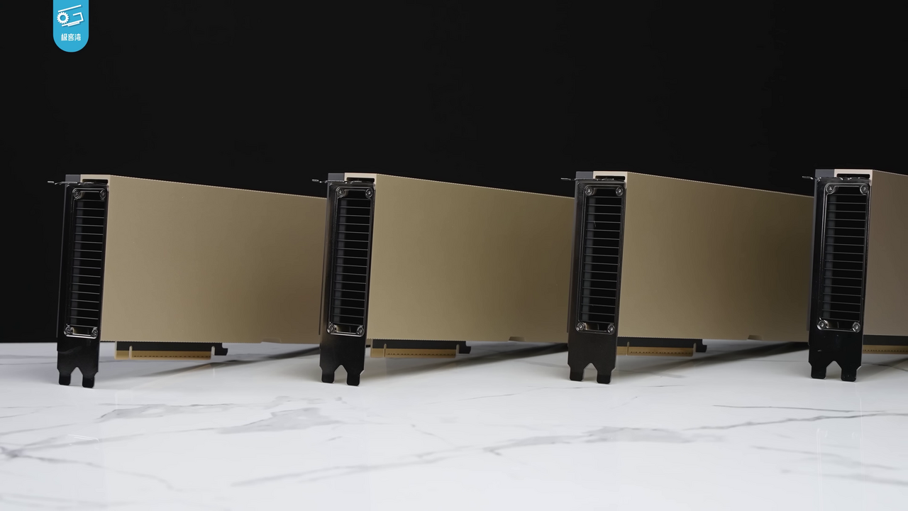 A row of Nvidia H100 data-center GPU accelerators