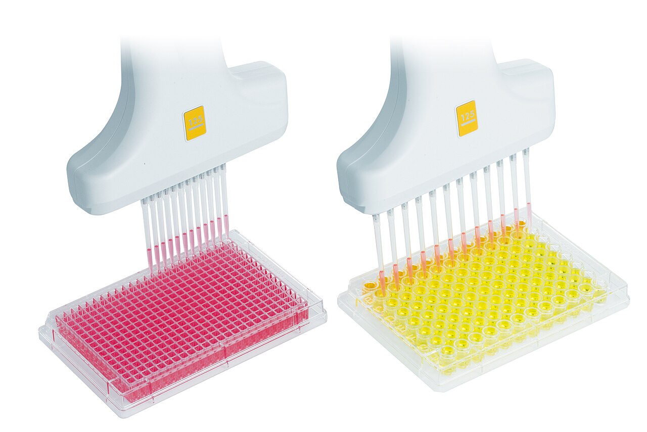 An automated multichannel pipette dispensing samples into 384-well and 96-well laboratory plates