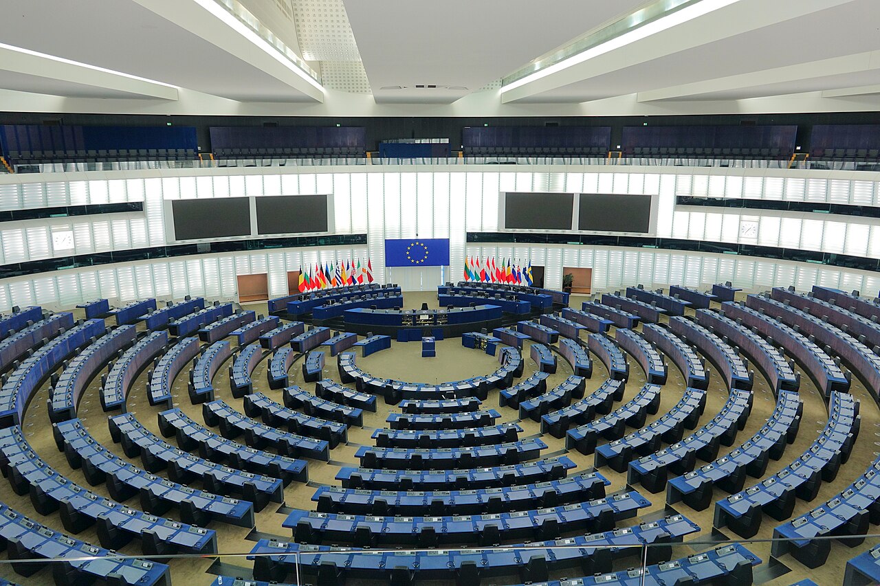 The empty plenary hemicycle of the European Parliament in Strasbourg