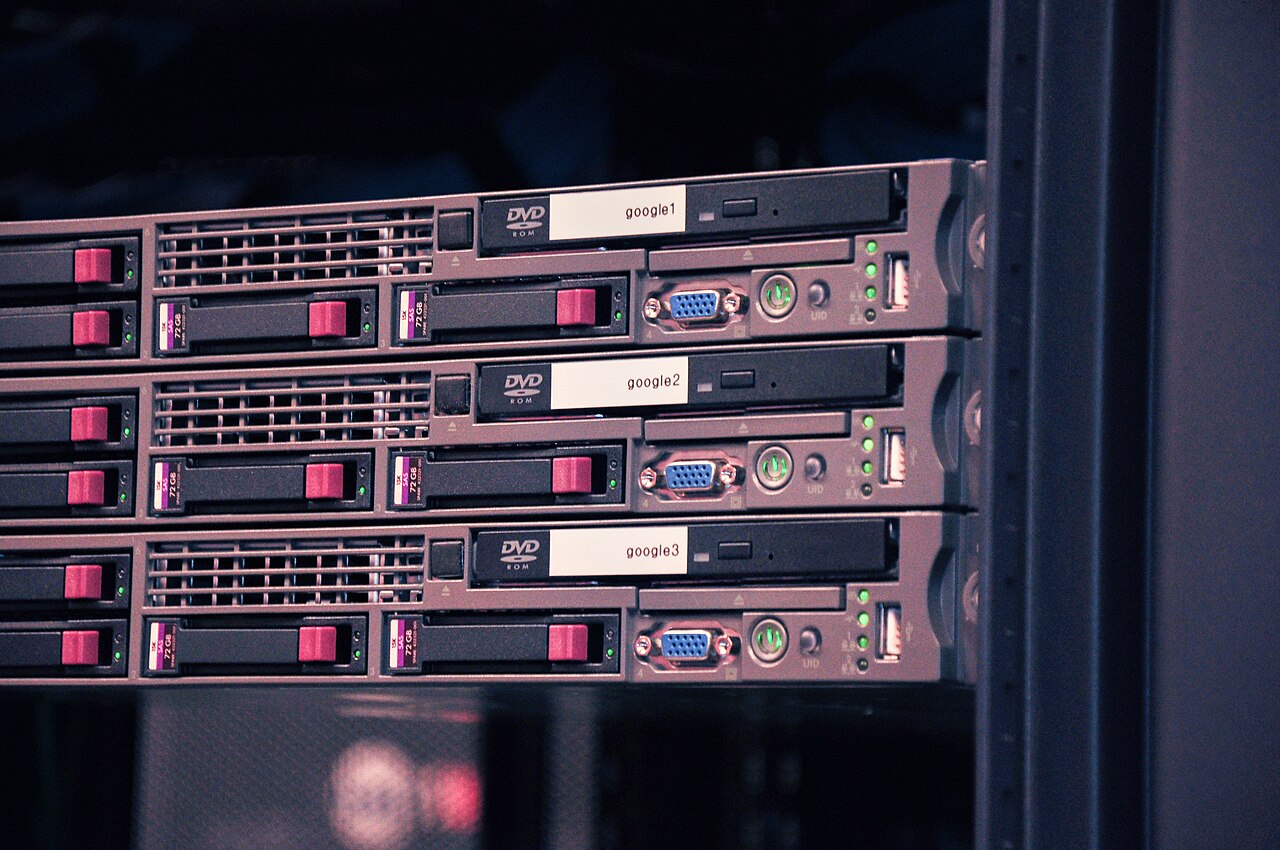 Rows of servers in a data center, viewed close up