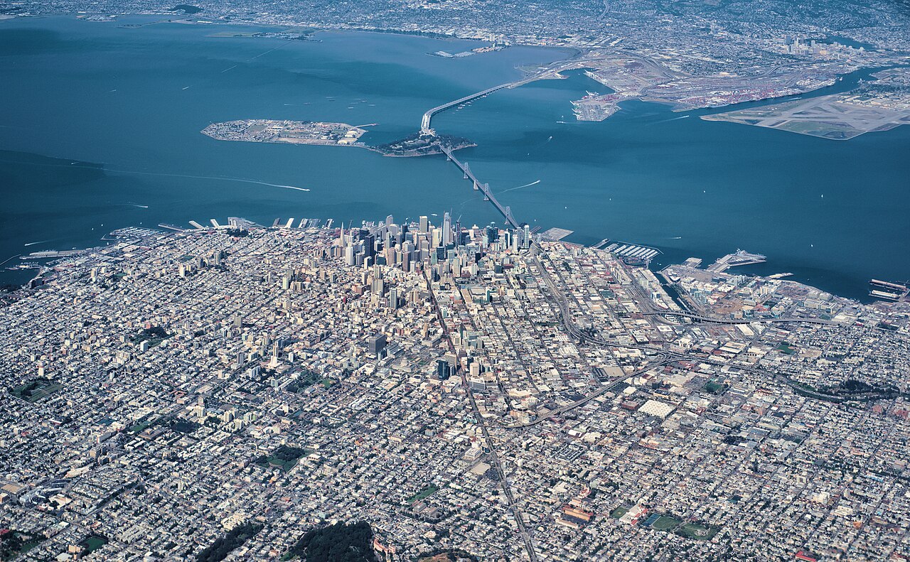 Aerial view of downtown San Francisco with the Bay Bridge and the bay