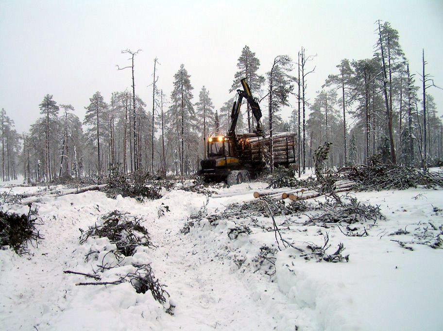 A forestry forwarder machine working in a clearcut in Lapland, Finland
