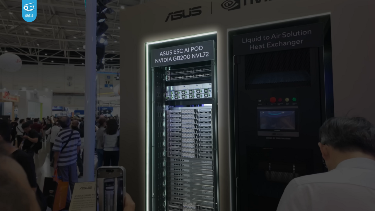 An Nvidia GB200 NVL72 rack-scale system on display at Computex 2024