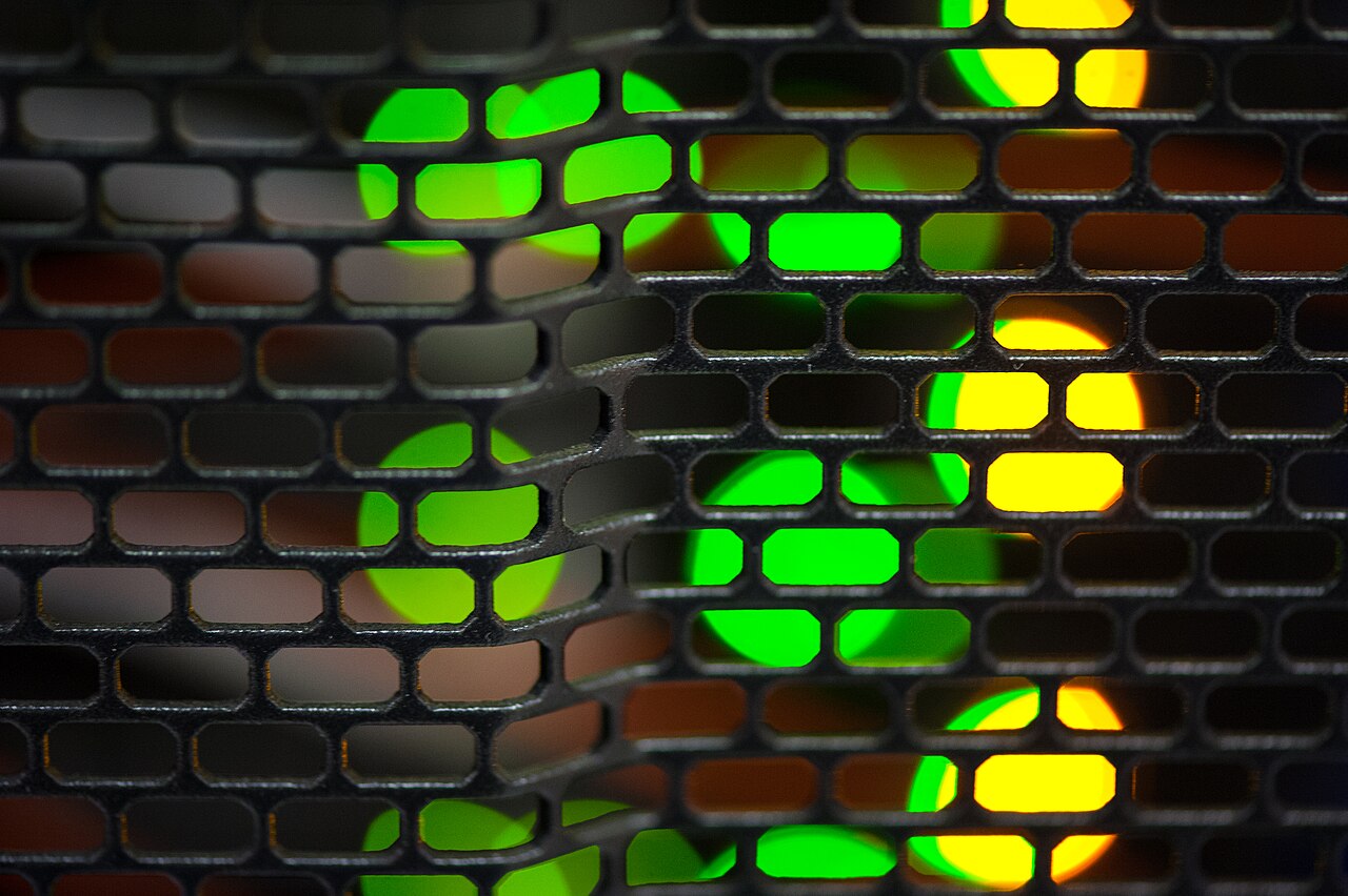Close-up of wiring and status lights inside a high-performance computing data center