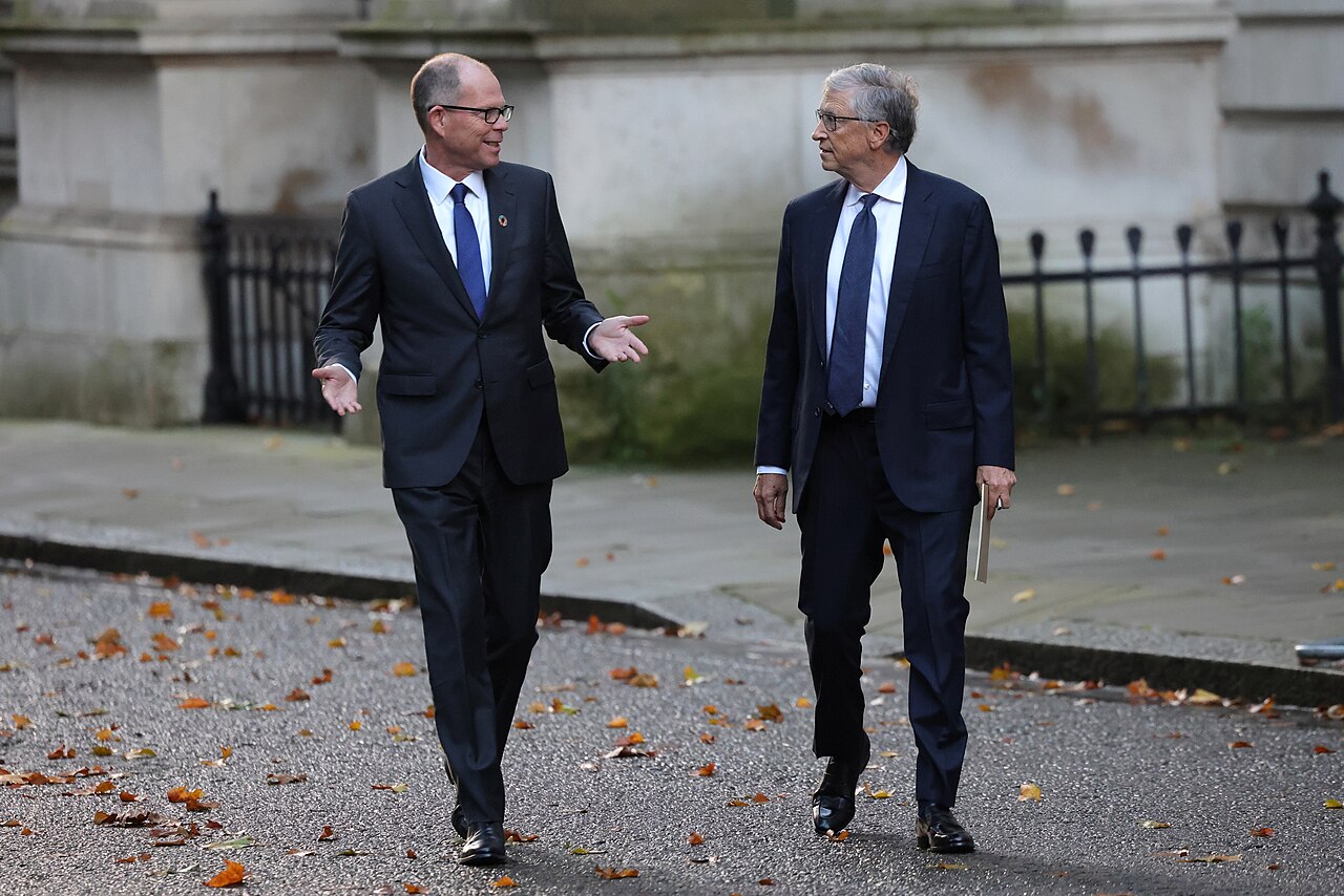 Bill Gates walking with Gates Foundation CEO Mark Suzman outside 10 Downing Street in London
