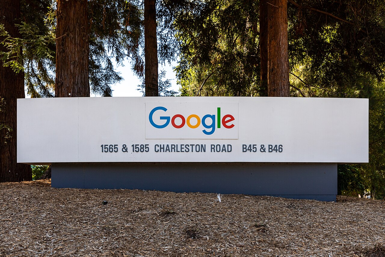 A Google sign on Charleston Road in Mountain View, California, marking buildings B45 and B46
