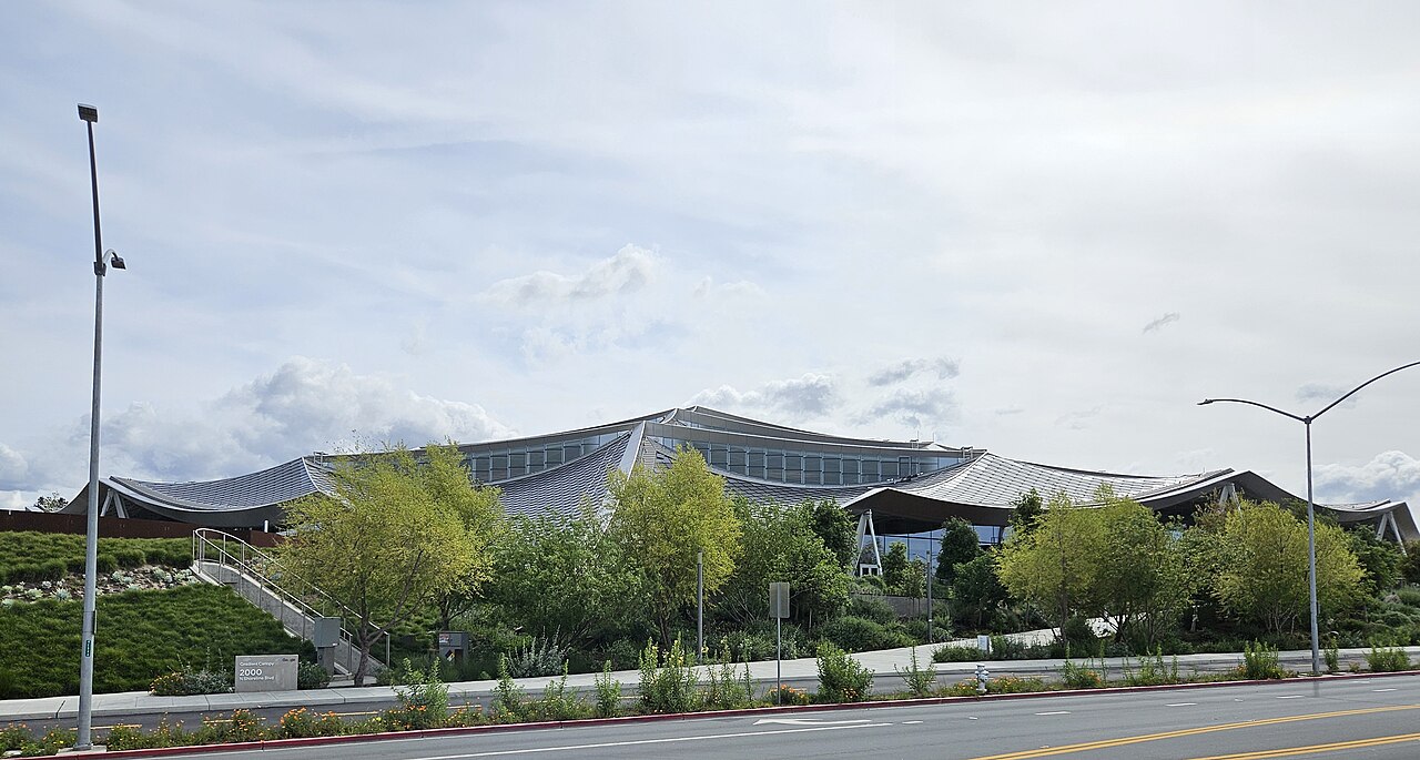 Wide exterior view of Google's Gradient Canopy office building on Google's Mountain View campus