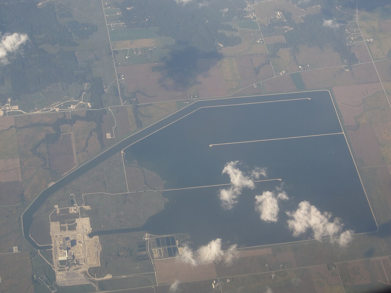 Aerial view of the LaSalle County nuclear plant and its large cooling lake in Illinois