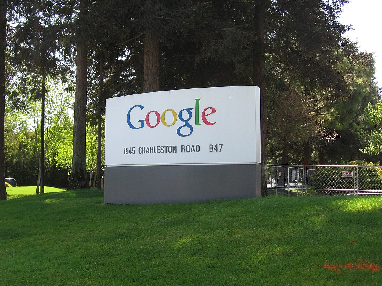 A Google sign reading 1545 Charleston Road B47 outside the Googleplex campus in Mountain View, California