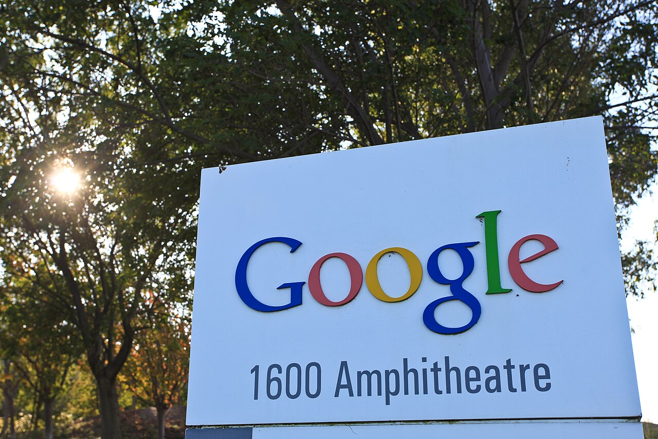 The Google sign at 1600 Amphitheatre Parkway, the Googleplex campus in Mountain View, California