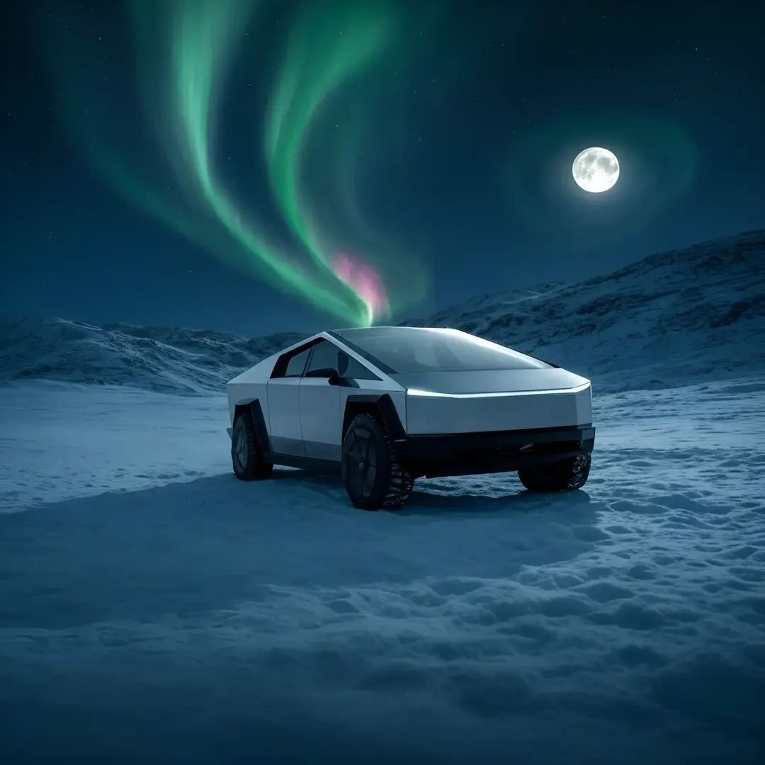 A Tesla Cybertruck on a snowy landscape under the aurora borealis, generated by xAI's Aurora model
