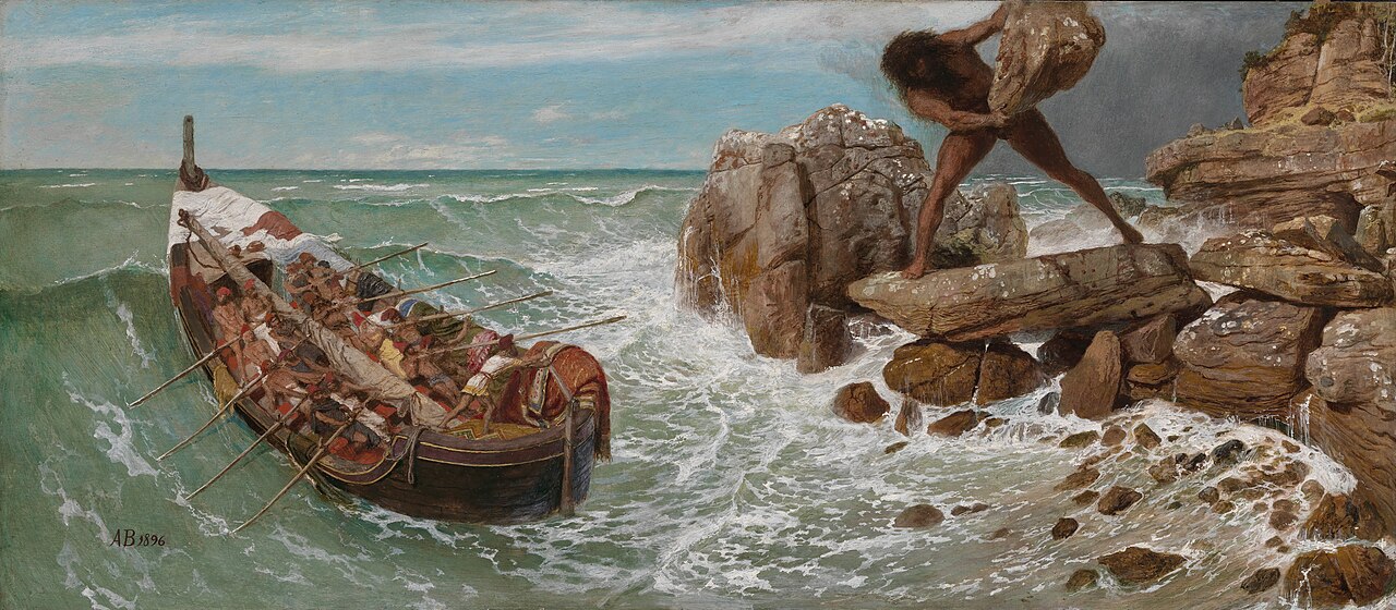 Painting of a rowing ship under attack as the giant Polyphemus hurls a boulder from a cliff