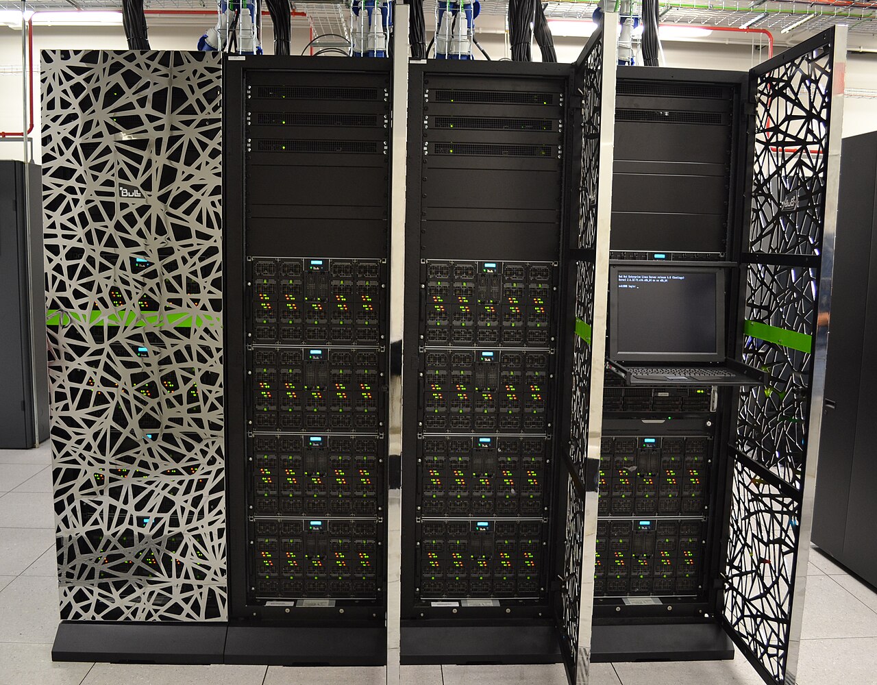 Racks of GPU-accelerated compute nodes in a supercomputing data center