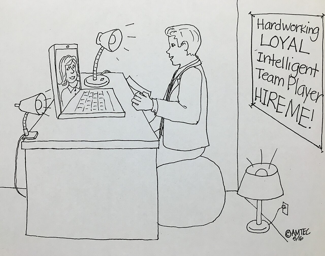 Hand-drawn cartoon of a job candidate in a suit interviewing over video from a desk with a laptop