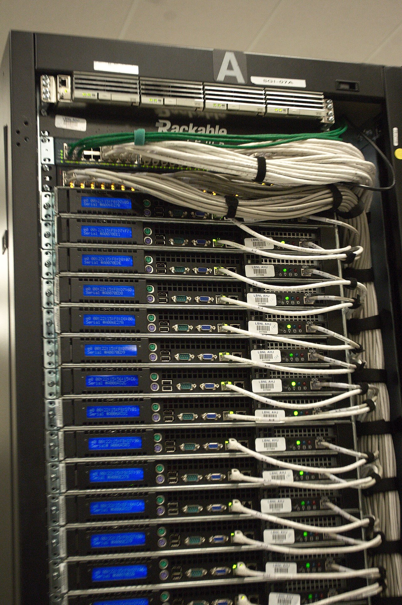 Close-up of the rear of a server rack in a data center