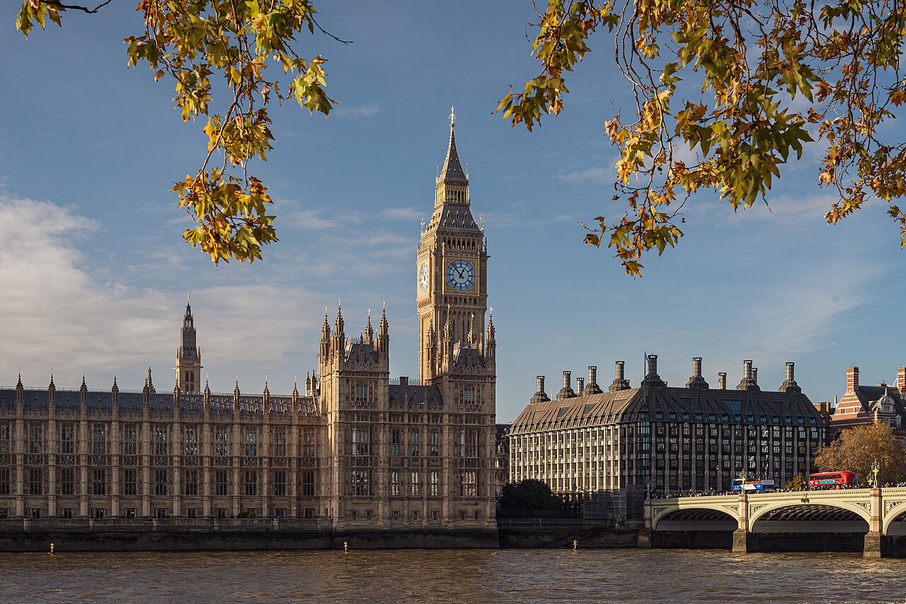 The Palace of Westminster and Elizabeth Tower viewed across the River Thames in London