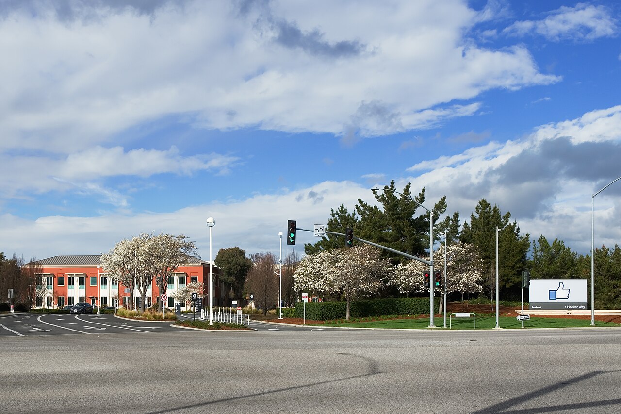 Entrance signage at 1 Hacker Way, the Menlo Park headquarters of Meta Platforms