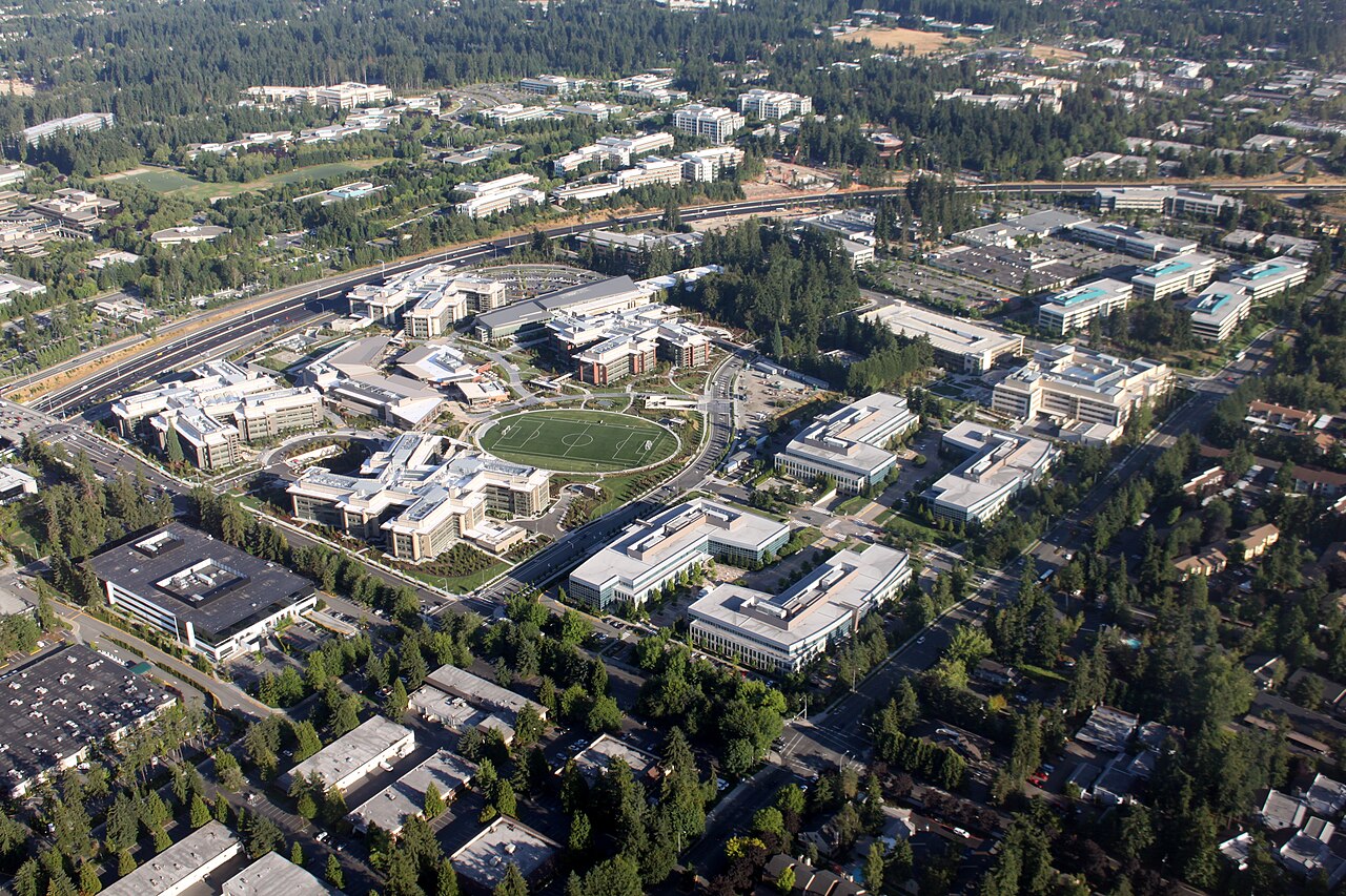 Aerial view of Microsoft's Redmond, Washington headquarters campus