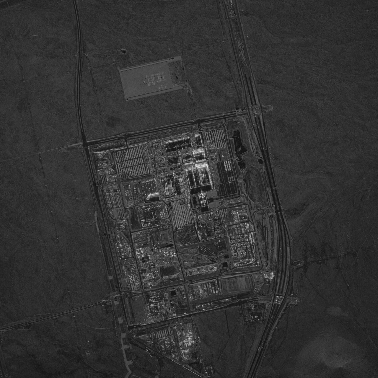 Grayscale satellite radar image of the TSMC Arizona fab site near Phoenix