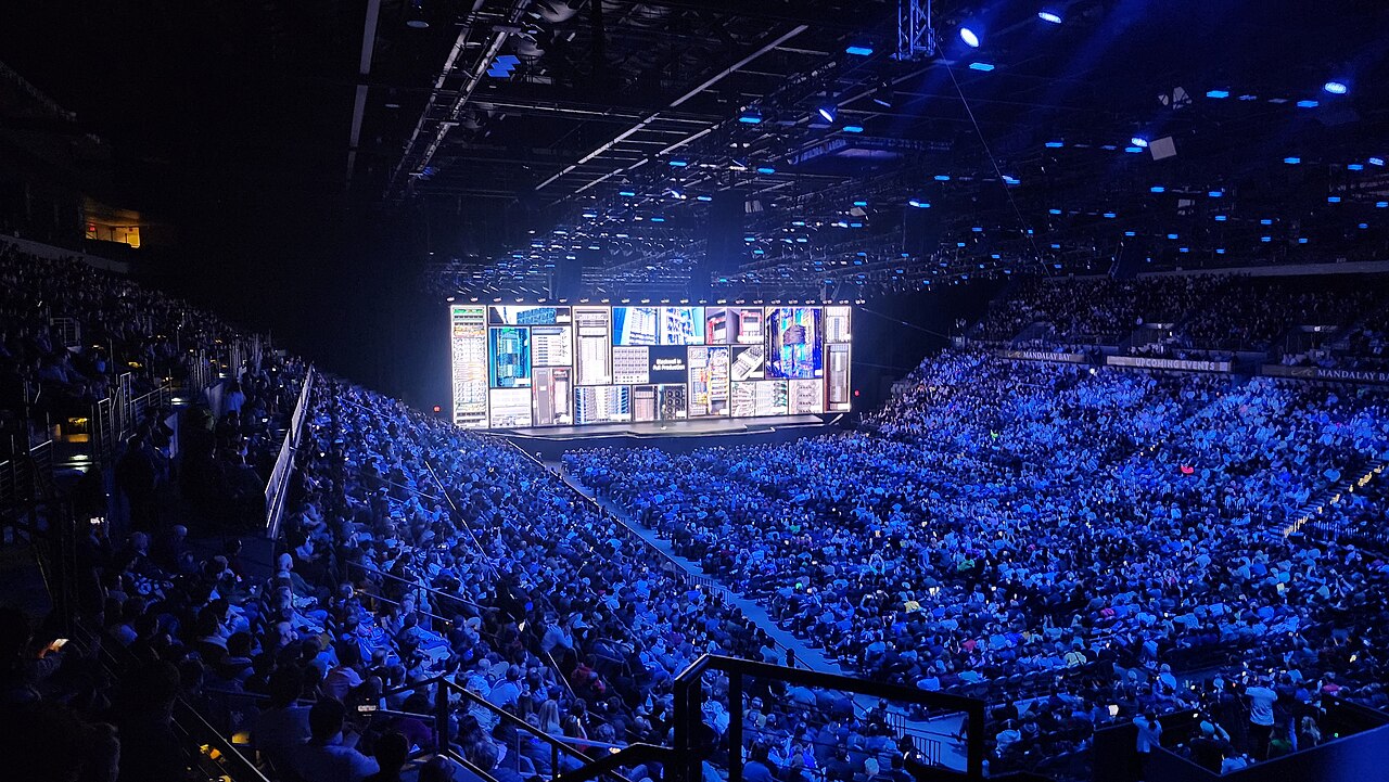 Wide view of the crowd and stage screen at Nvidia CEO Jensen Huang's keynote at CES 2025 in Las Vegas