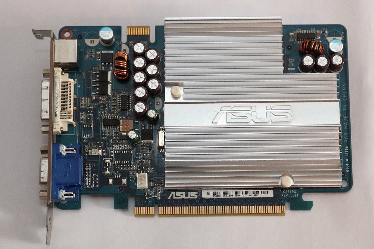 An Asus graphics card with a passive aluminium heatsink and an Nvidia GeForce 7600 chip