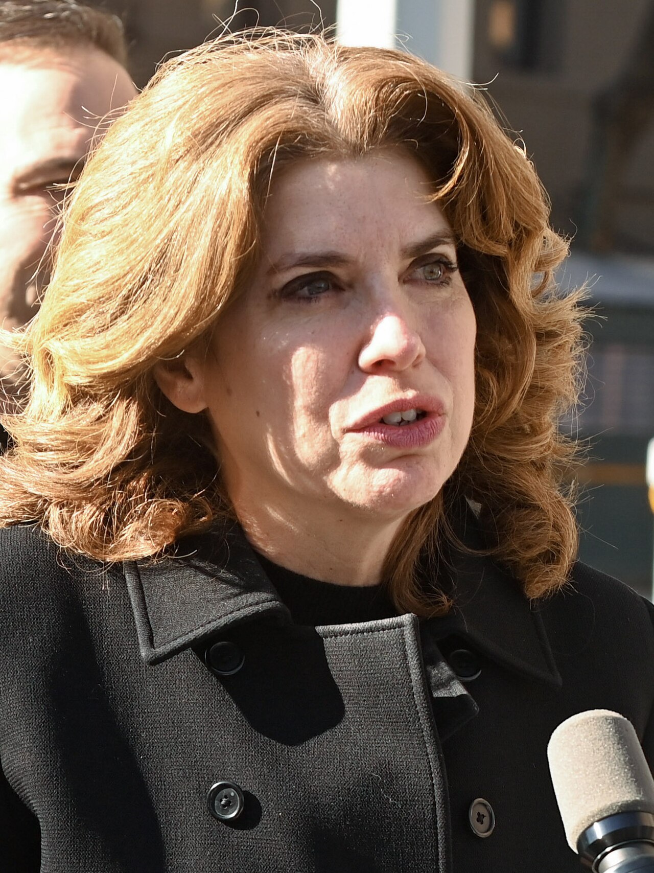 NYC Council Speaker Julie Menin speaking at a press event microphone