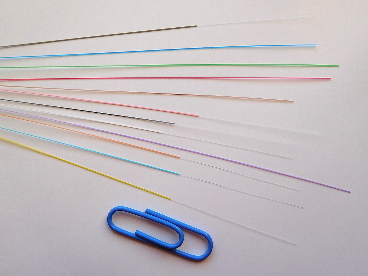 A fan of twelve colored optical fibers of different diameters laid out with a blue paperclip for scale