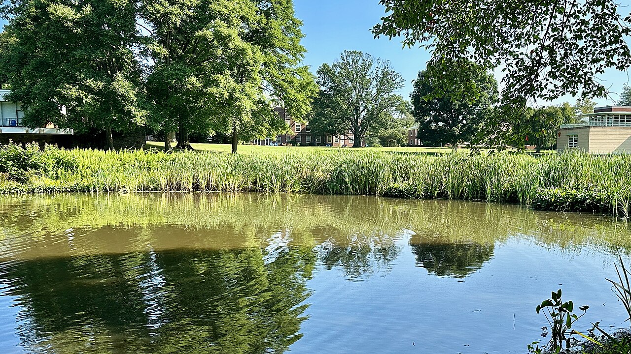 Fuld Hall at the Institute for Advanced Study seen across the Institute Pond