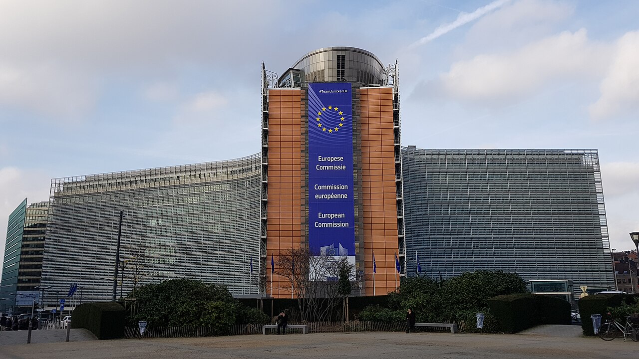 The Berlaymont building in Brussels, headquarters of the European Commission, with a large European Commission banner on its central tower