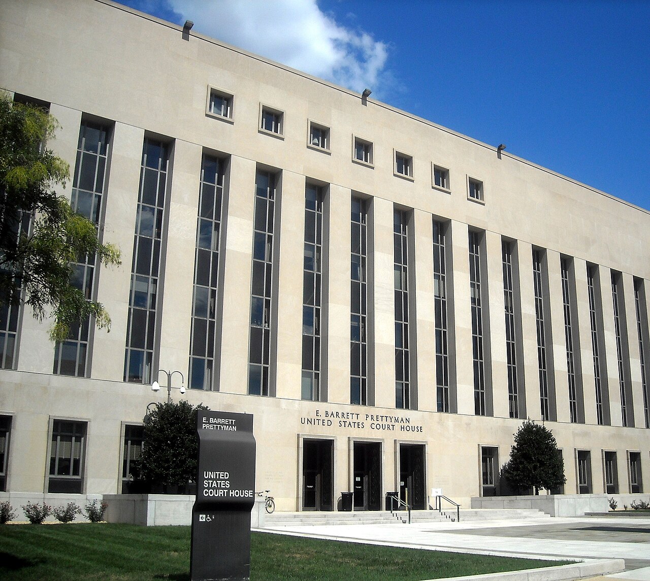 The E. Barrett Prettyman United States Court House in Washington, DC, with its name carved above the entrance