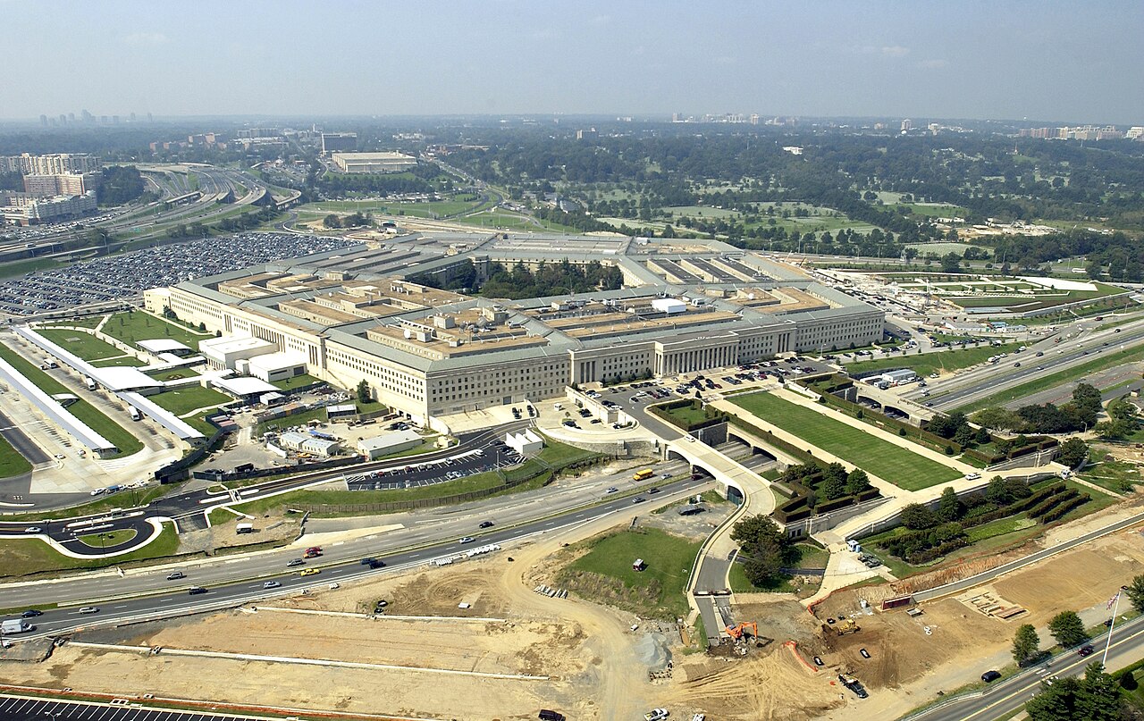 Aerial view of the Pentagon and surrounding roads in Arlington, Virginia, during construction work
