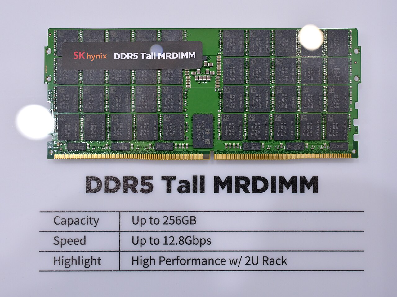 SK hynix DDR5 Tall MRDIMM server memory module on display with a specification card