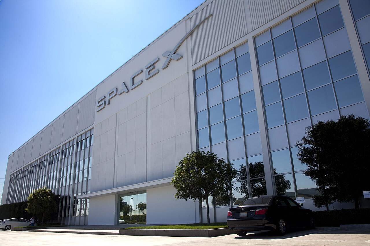 Exterior of SpaceX's headquarters and rocket factory building in Hawthorne, California